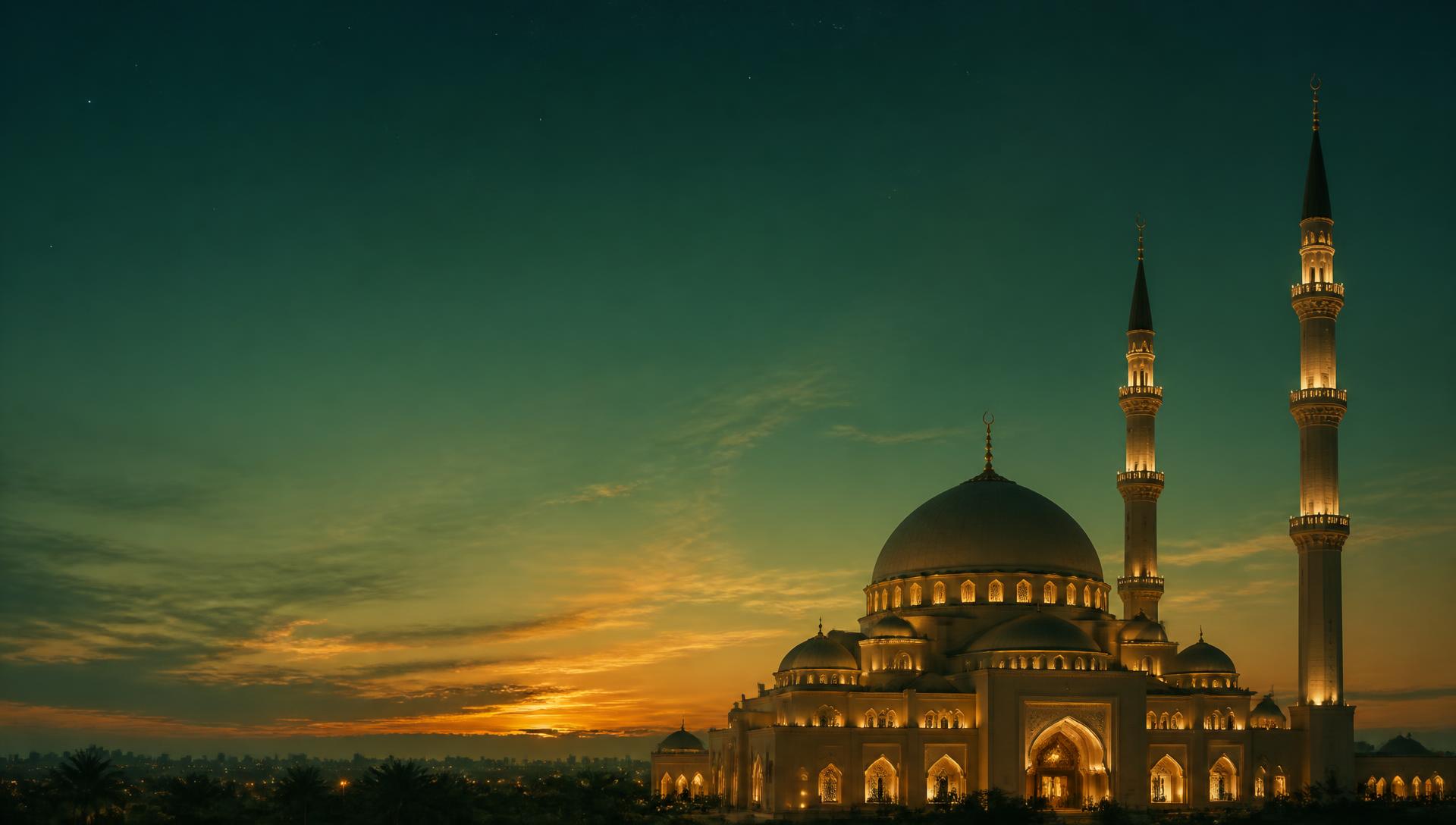 A masjid with a central dome and two minarets glowing at dusk